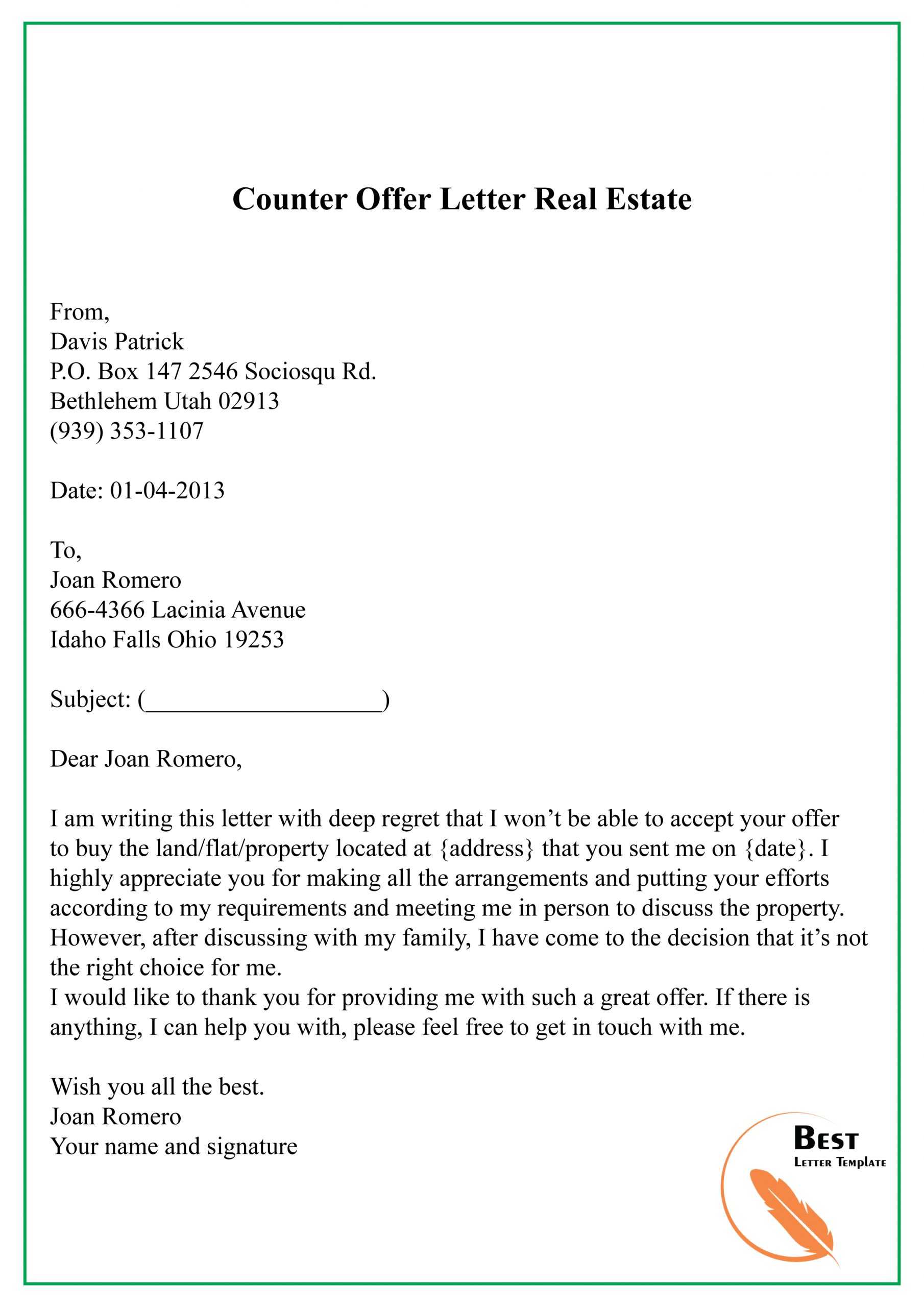 Counter Offer Letter | Templatescoverletters With Regard To Counter Offer Letter Template