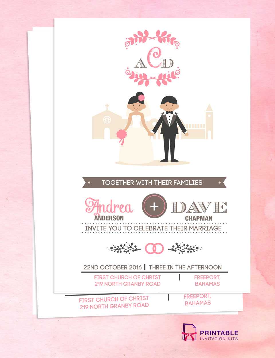 Couple Cartoon In Front Of Church Invitation ← Wedding With Church Invite Cards Template