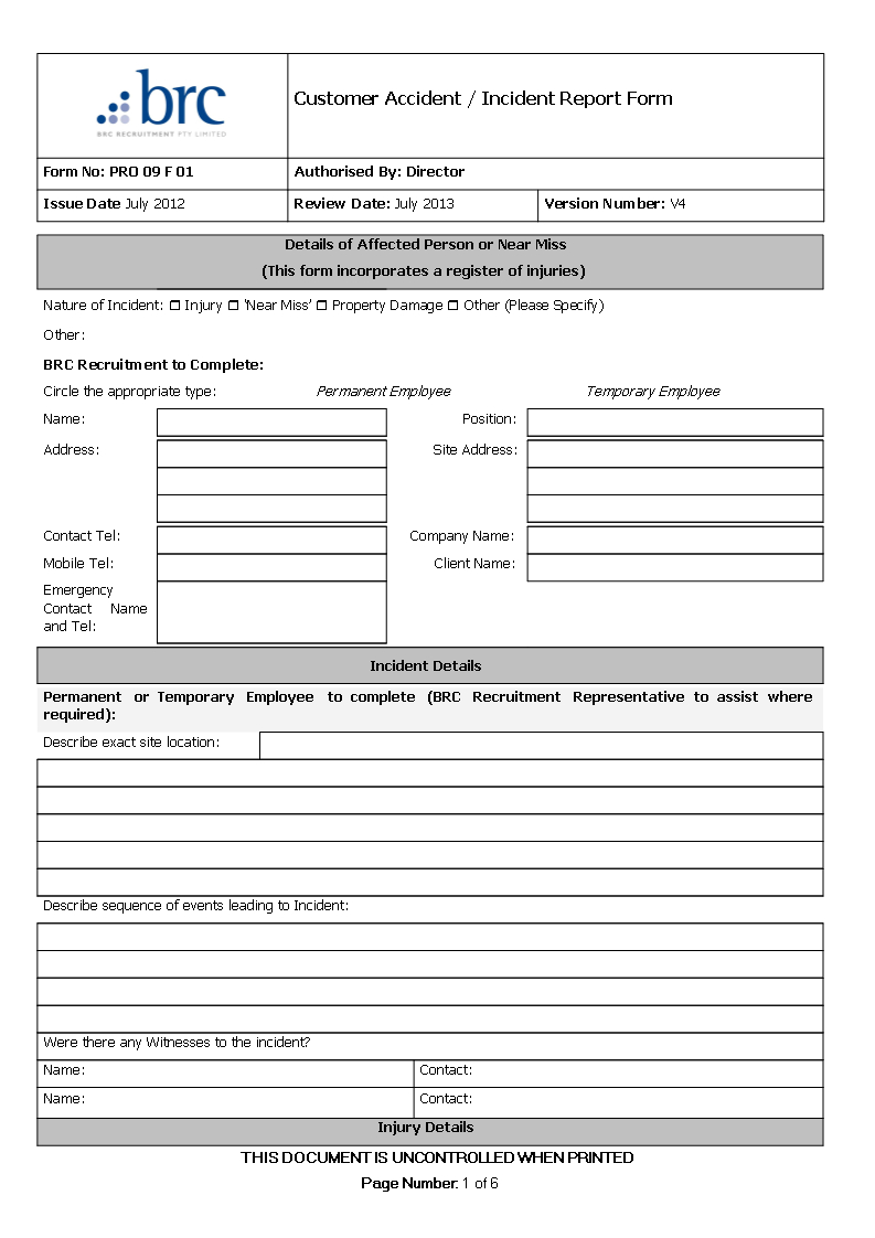 Customer Accident Incident Report | Templates At With Customer Contact Report Template