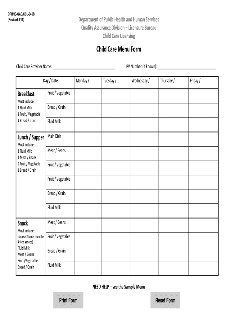 Daycare Menu Template – Fill Online, Printable, Fillable Intended For Daycare Menu Template