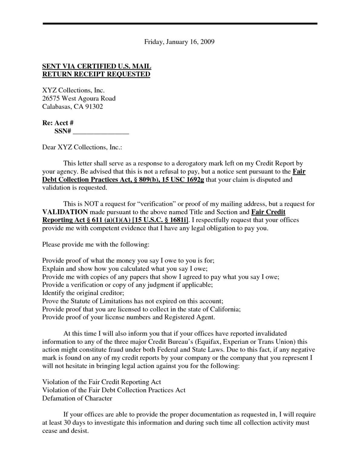 Debt Validation Demand Sample Letter