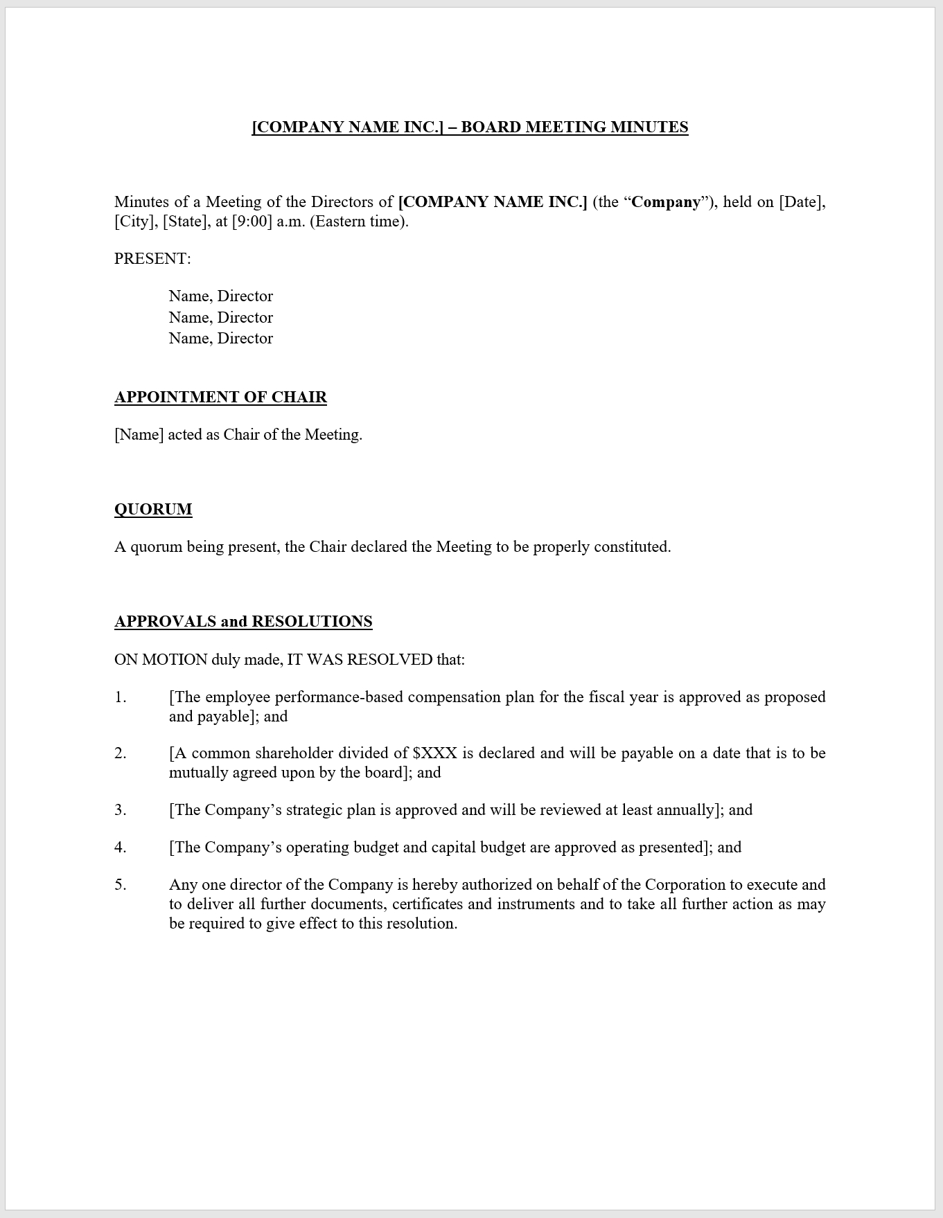 Download Board Meeting Minutes – Template From Cfi Marketplace Intended For Corporate Meeting Minutes Template
