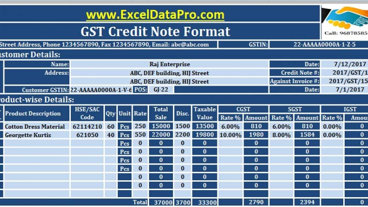 Download Gst Credit Note Format In Excel Issued Against Throughout Credit Note Template On Word Download