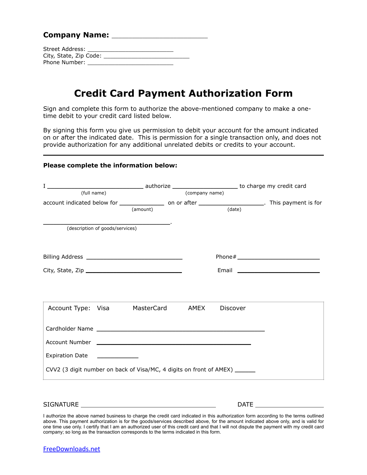 Download One (1) Time Credit Card Authorization Payment Form With Regard To Credit Card Payment Form Template Pdf