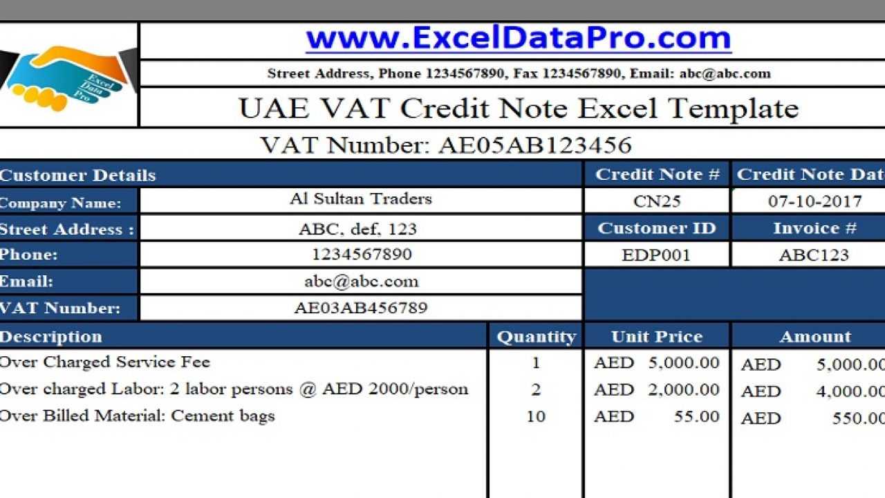 Download Uae Vat Credit Note Excel Template – Exceldatapro With Regard To Credit Note Example Template