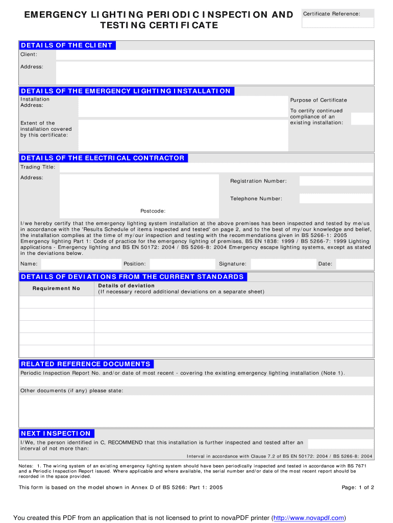 Emergency Lighting Certificate – Fill Online, Printable Regarding Electrical Installation Test Certificate Template