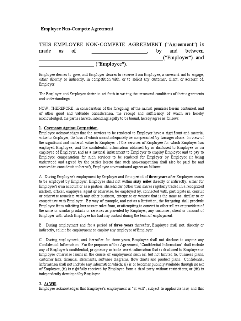 Employee Non Compete Agreement Form Free Download Within Employee Non Compete Agreement Template