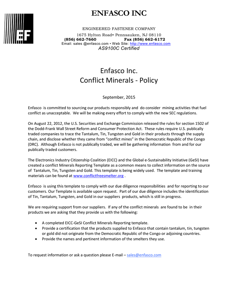 Enfasco Inc Enfasco Inc. Conflict Minerals – Policy In Conflict Minerals Reporting Template