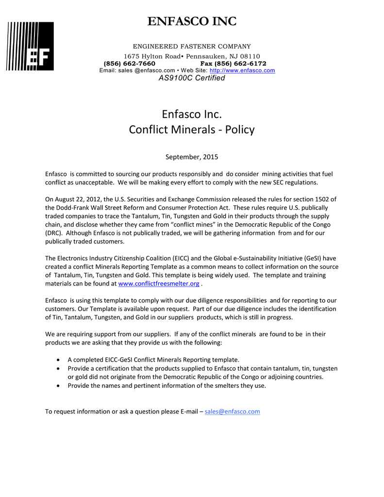 Enfasco Inc Enfasco Inc. Conflict Minerals - Policy Intended For Eicc Conflict Minerals Reporting Template