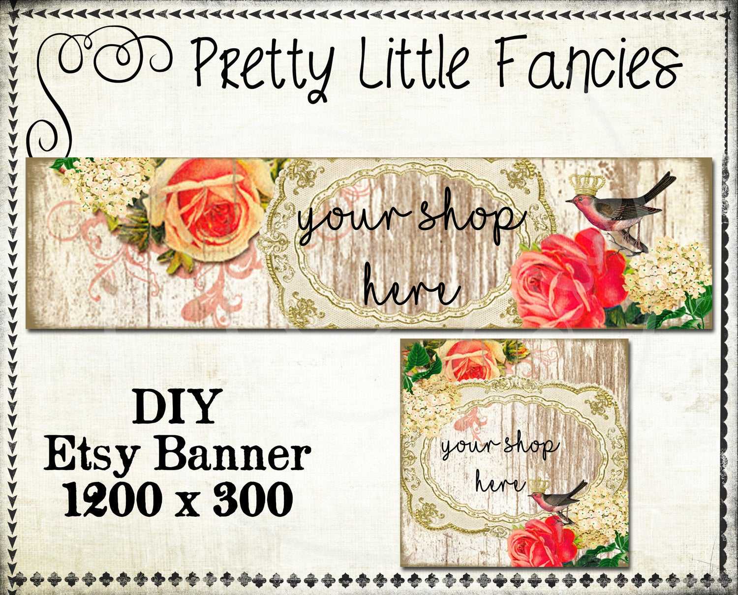 Etsy Shop Banner Diy Banner Template Premade Etsy Store Large Banner And  Icon Rustic Wood Vintage Frame Bird Digital Roses Throughout Etsy Banner Template