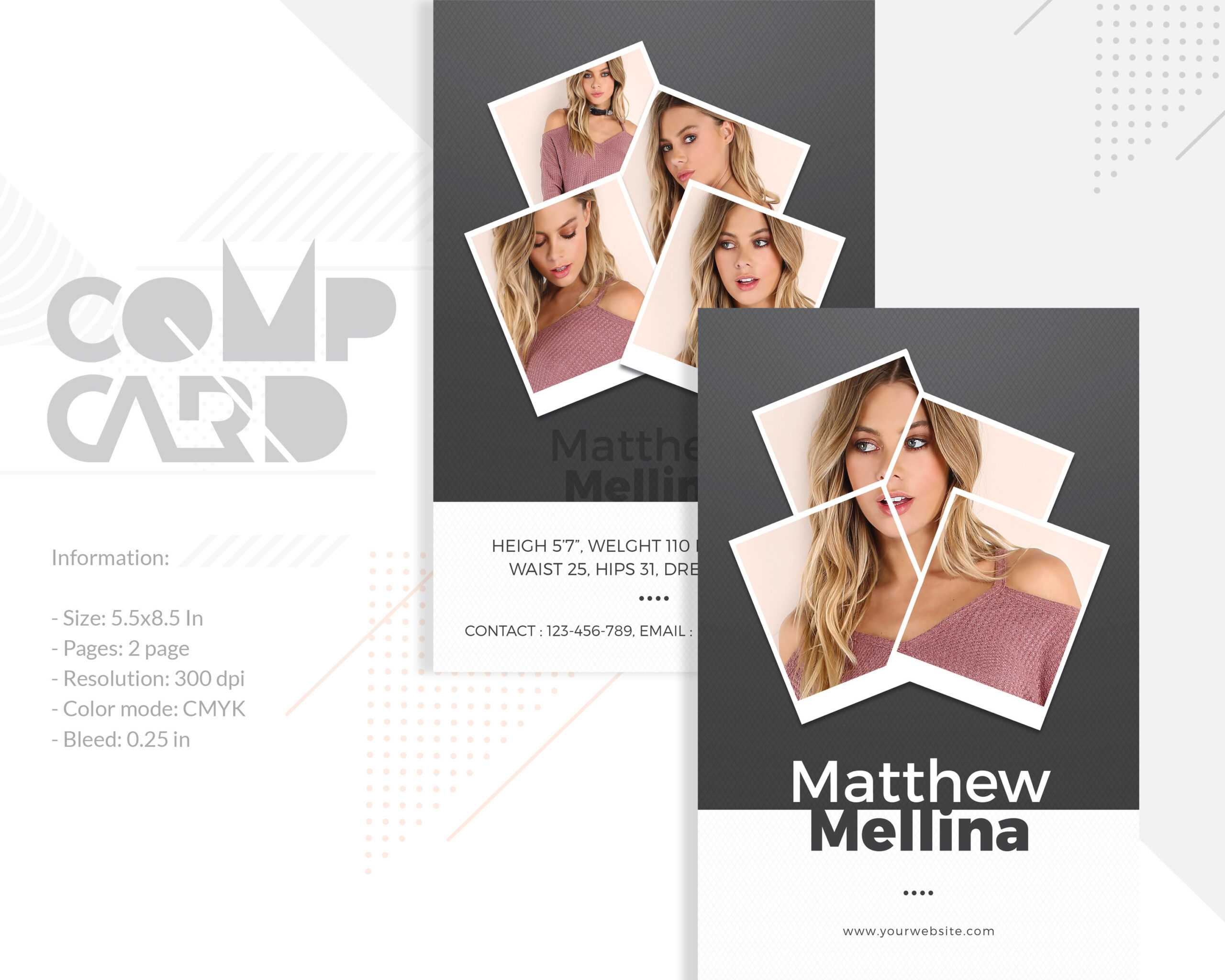 Fashion Model Comp Card Template | Photoshop, Elements And Ms Word Template  | Instant Download Pertaining To Comp Card Template Psd
