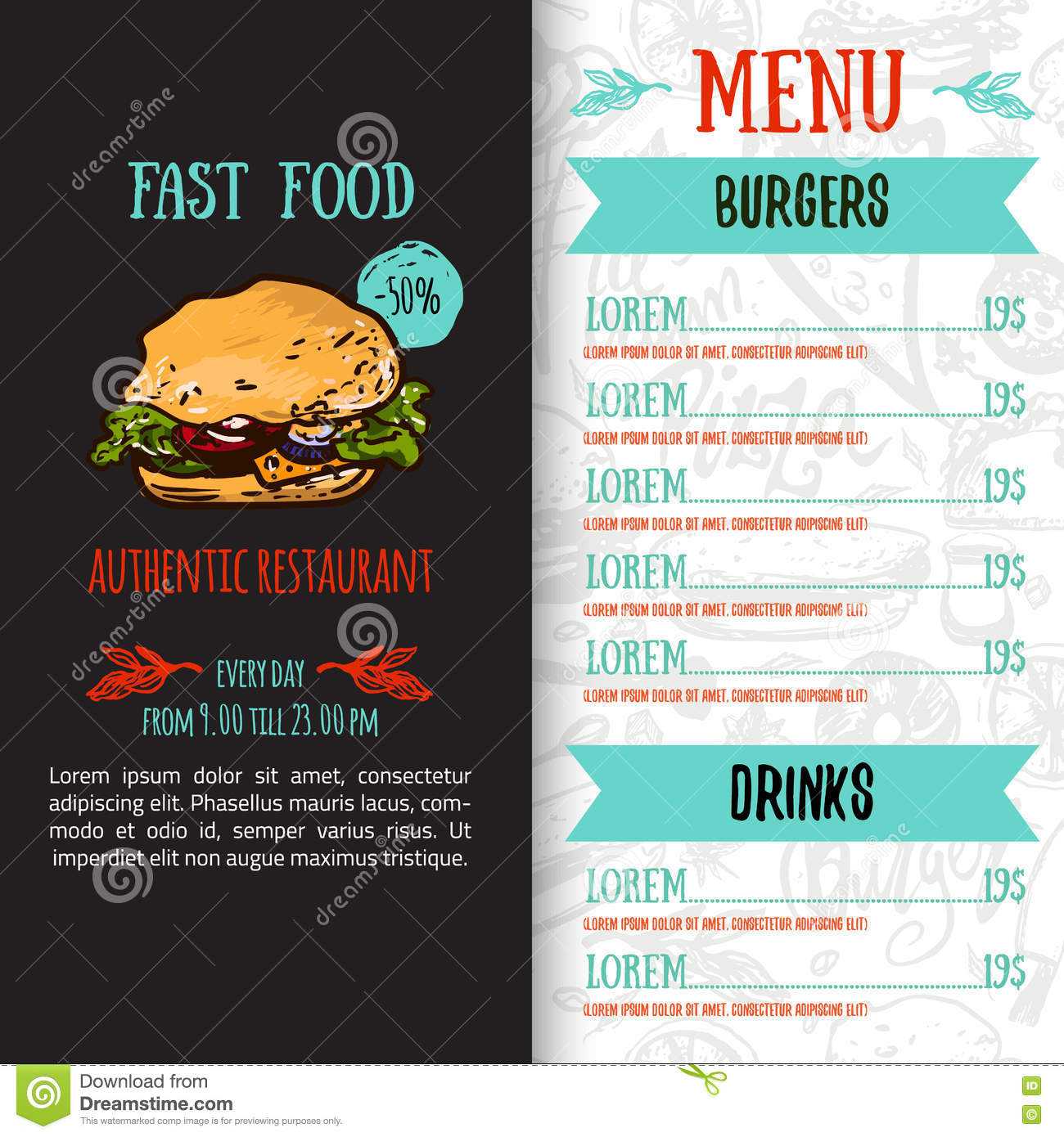 Fast Food Menu Design Template With Hand Drawn Vector With Fast Food Menu Design Templates