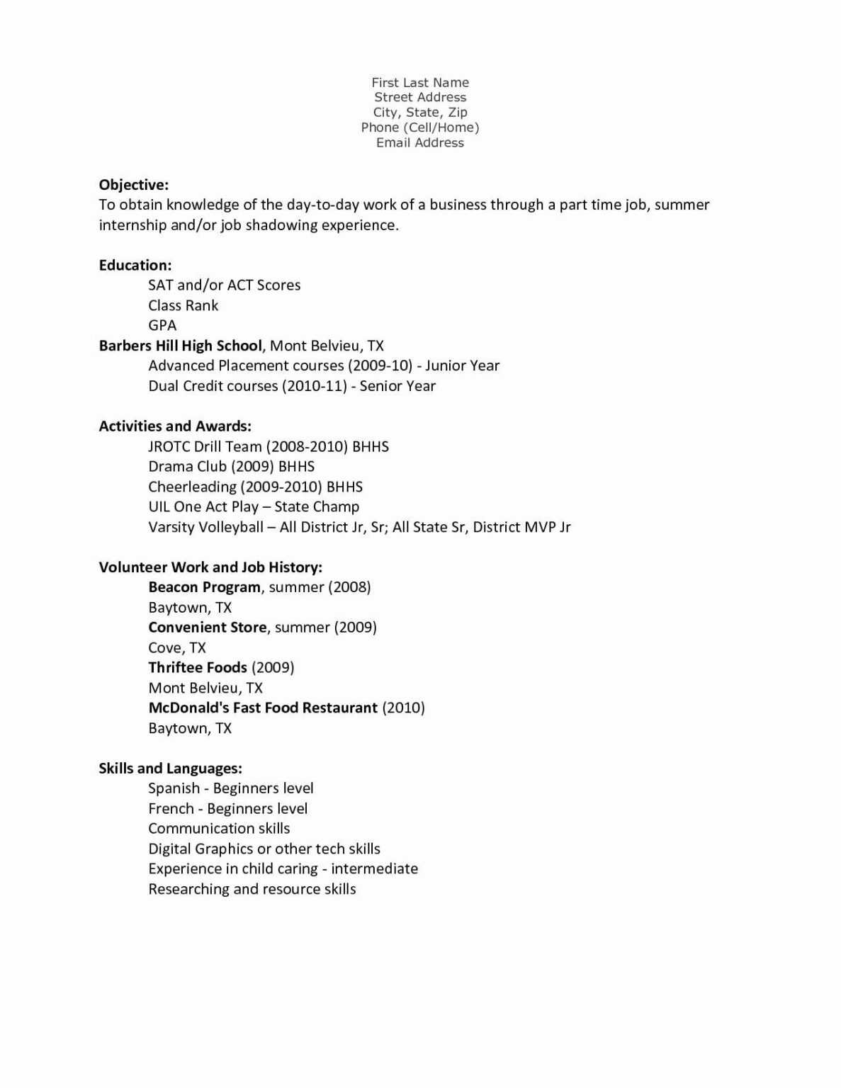 First Time Resume Templates | Summary For Resume – Kcdrwebshop within ...