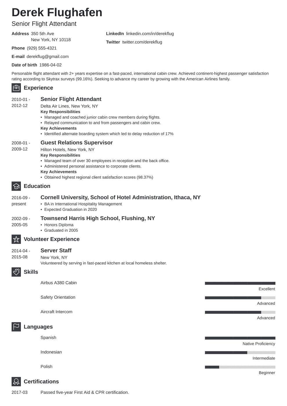 Flight Attendant Resume Sample [Also With No Experience] Within Fit To Fly Certificate Template