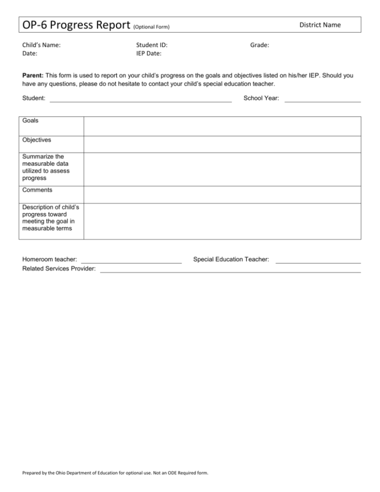 Form Op 6: Progress Report – Ohio Department Of Education In ...