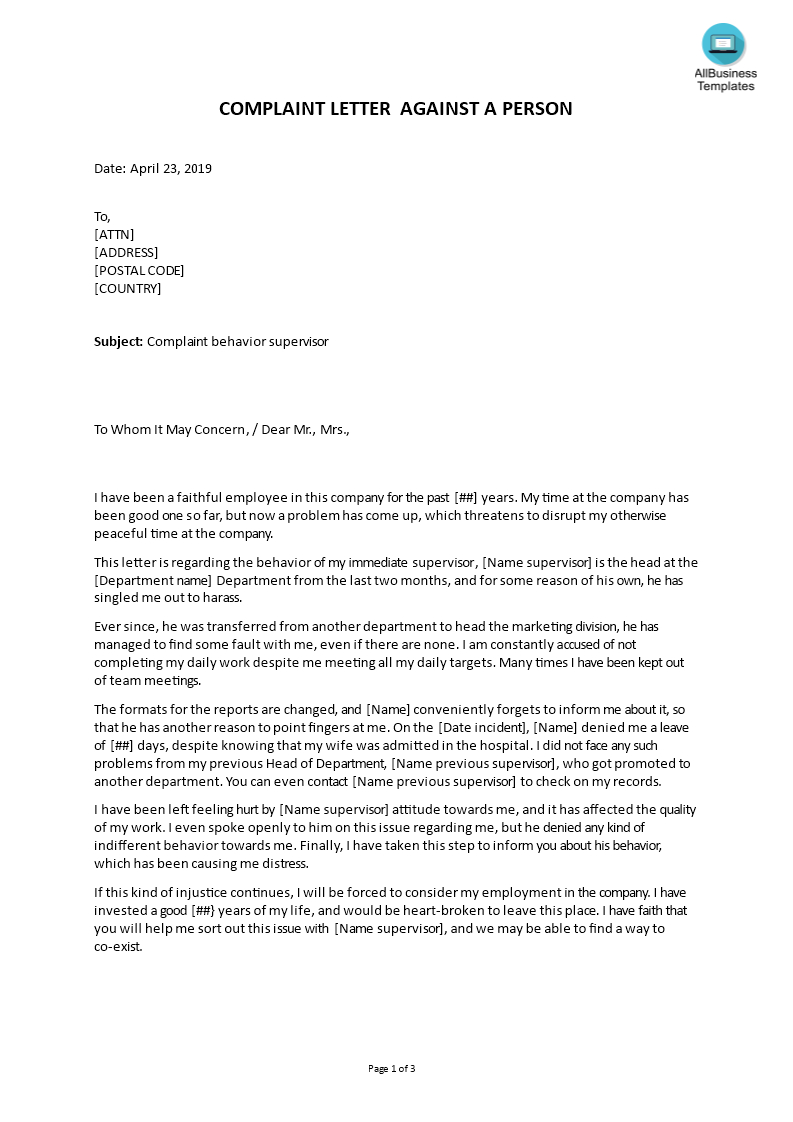 Formal Complaint Letter Sample Against A Person | Templates With Regard To Formal Letter Of Complaint To Employer Template