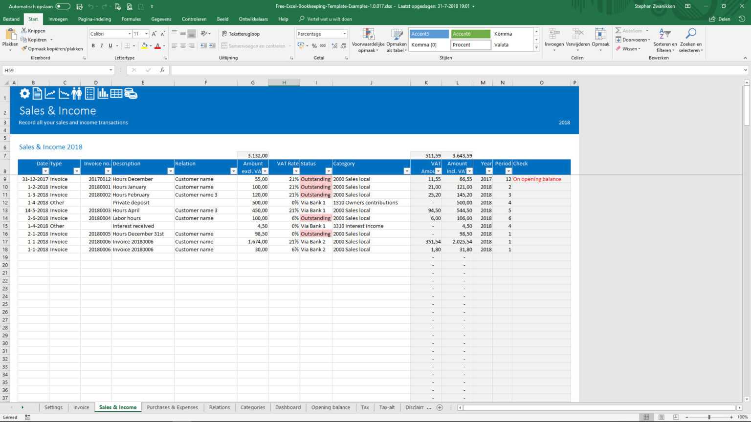 excel small business basic bookkeeping template