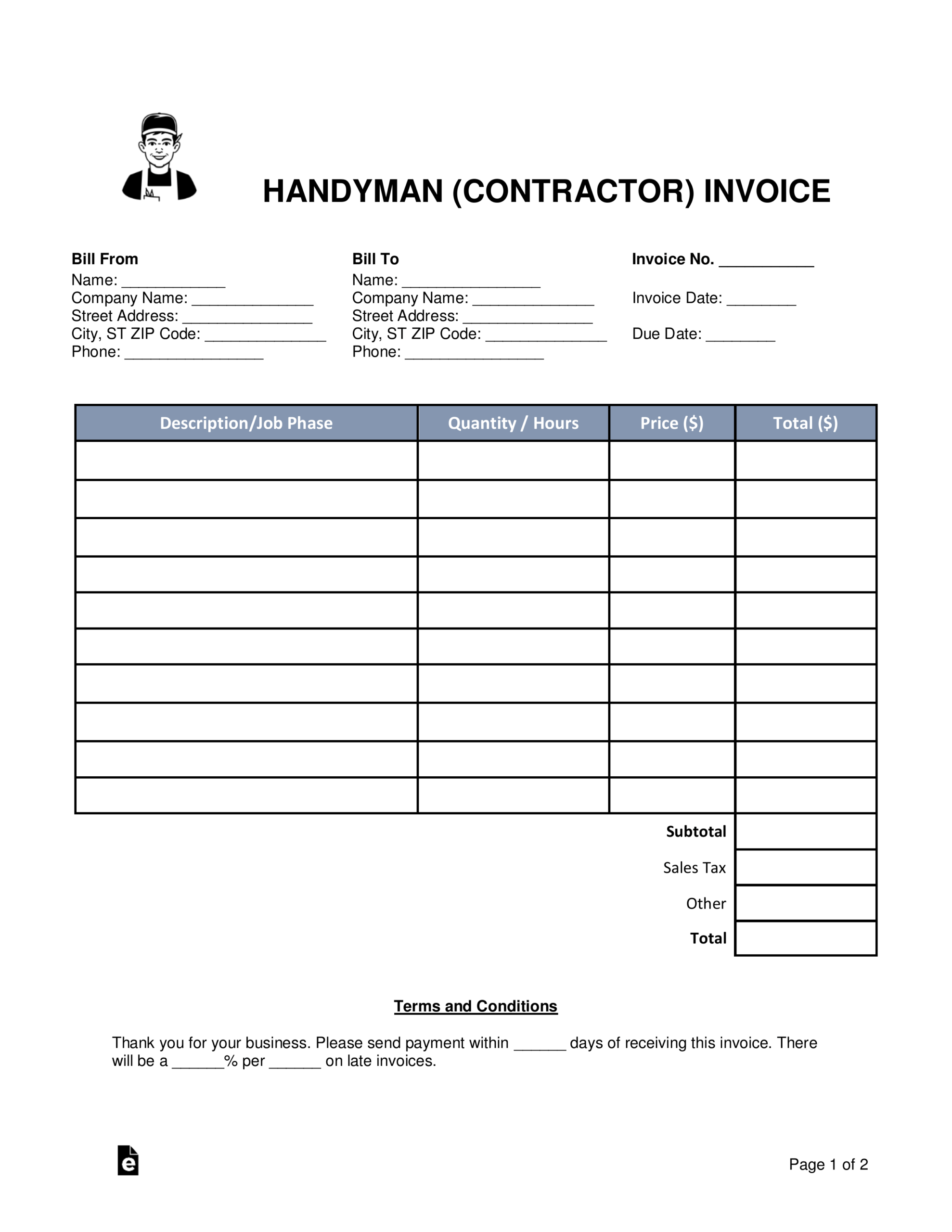 Free Handyman (Contractor) Invoice Template – Word | Pdf Intended For Contractor Invoices Templates