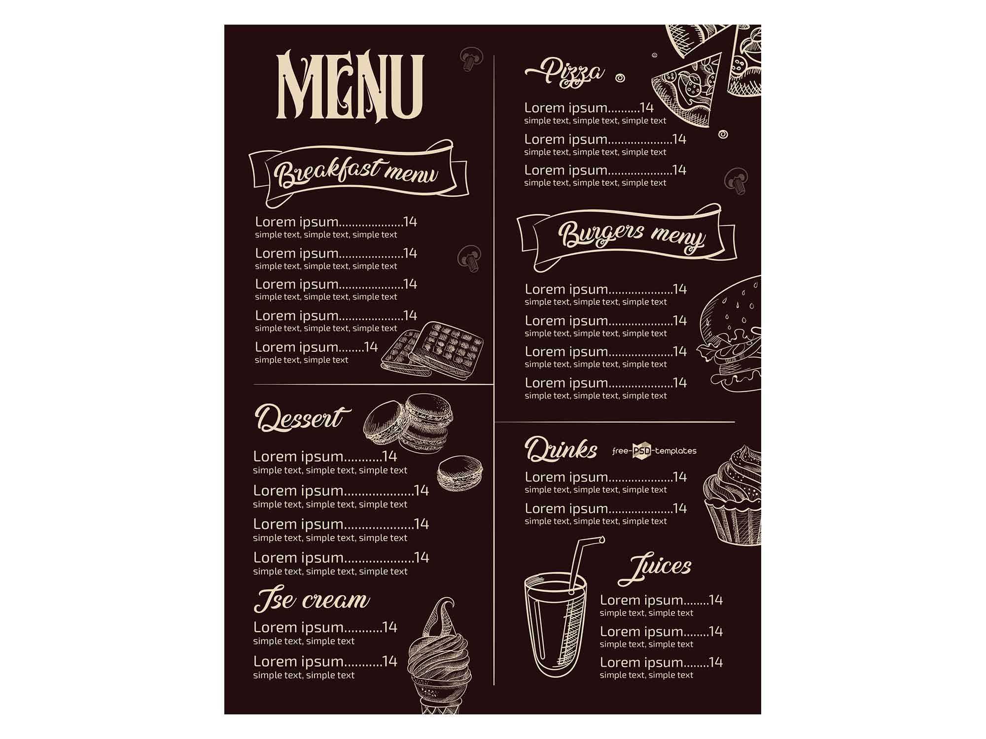Free Restaurant Menu Template (Psd) With Free Printable Restaurant Menu Templates