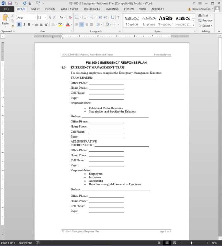 Fsms Emergency Response Plan Template | Fds1200 2 Pertaining To ...