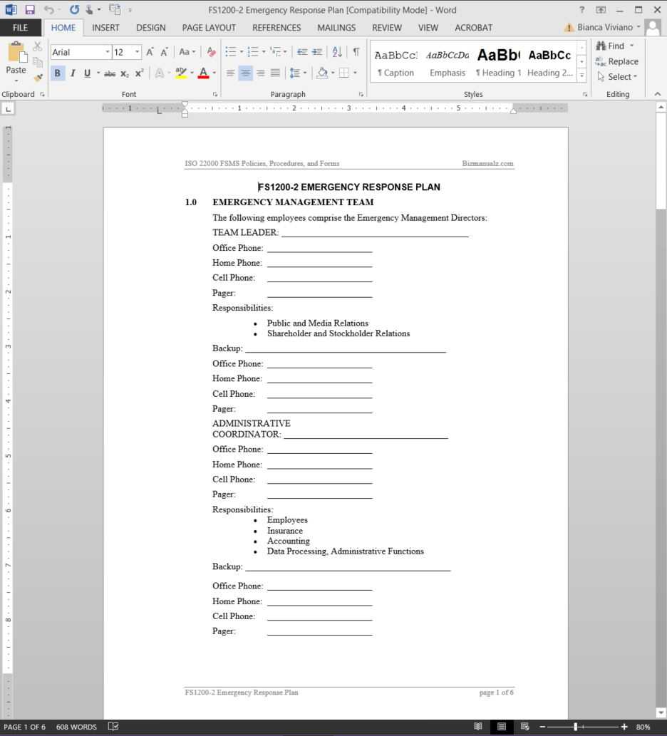 Fsms Emergency Response Plan Template | Fds1200 2 Pertaining To Emergency Operations Plan Template