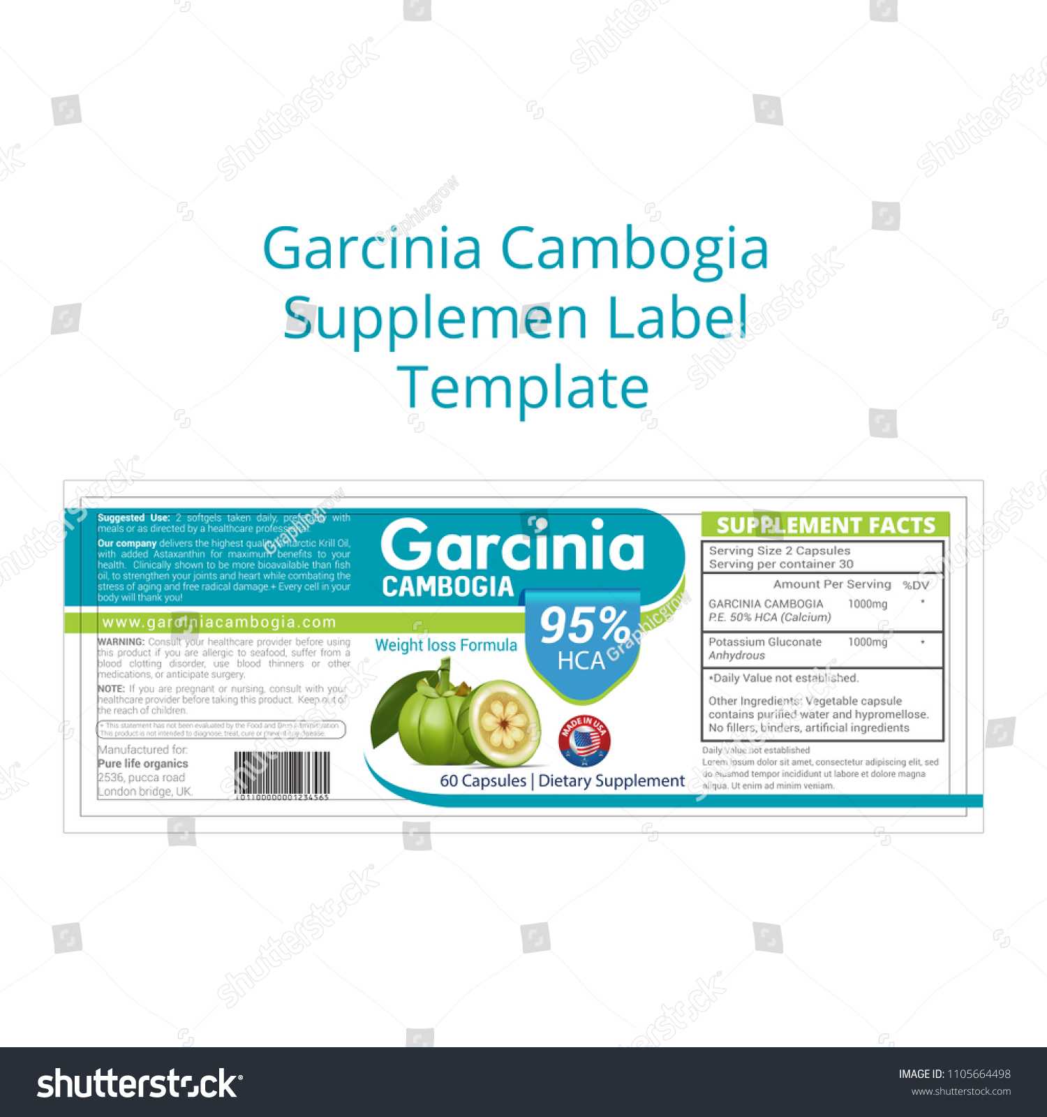 Garcinia Cambogia Supplement Label Template Stock Vector Inside Dietary Supplement Label Template