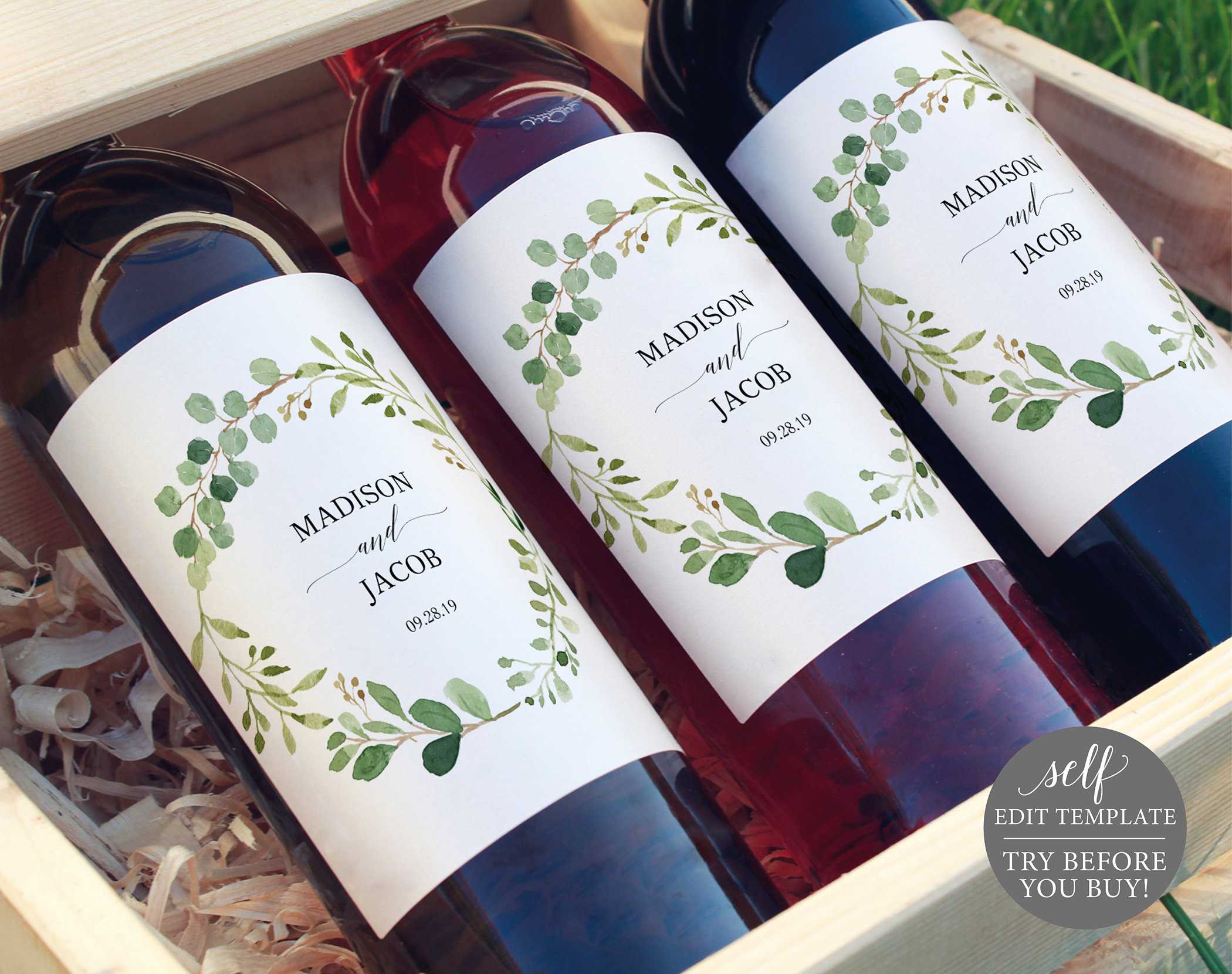 Greenery Wedding Wine Label, Printable Wine Label, Editable With Diy Wine Label Template