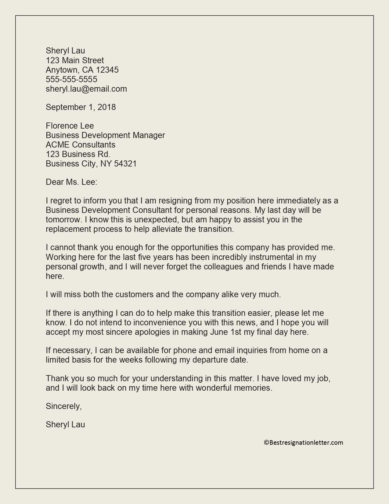 Immediate Resignation Letter Sample | Best Resignation Letter Within Draft Letter Of Resignation Template