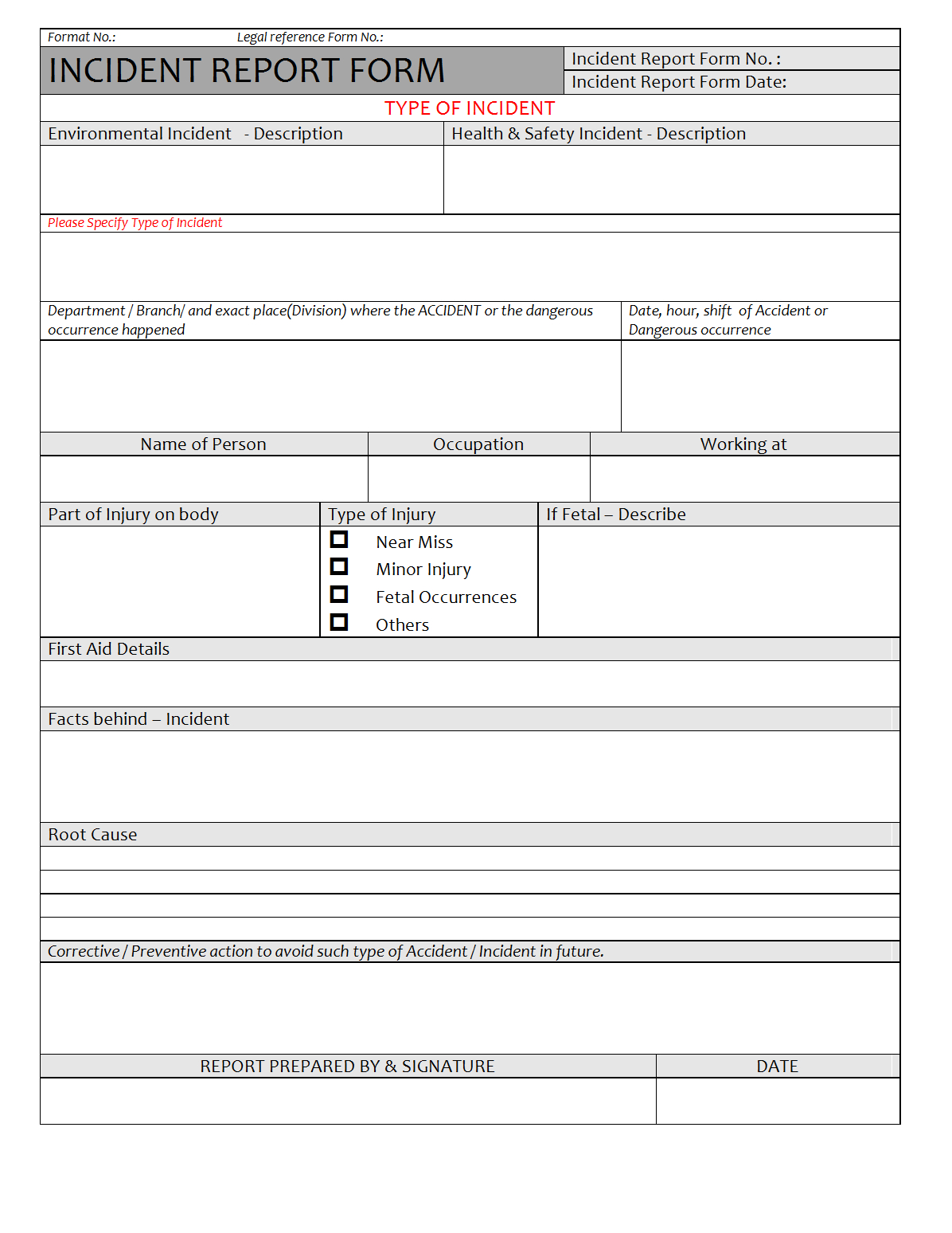 Incident Report Form - For First Aid Incident Report Form Template