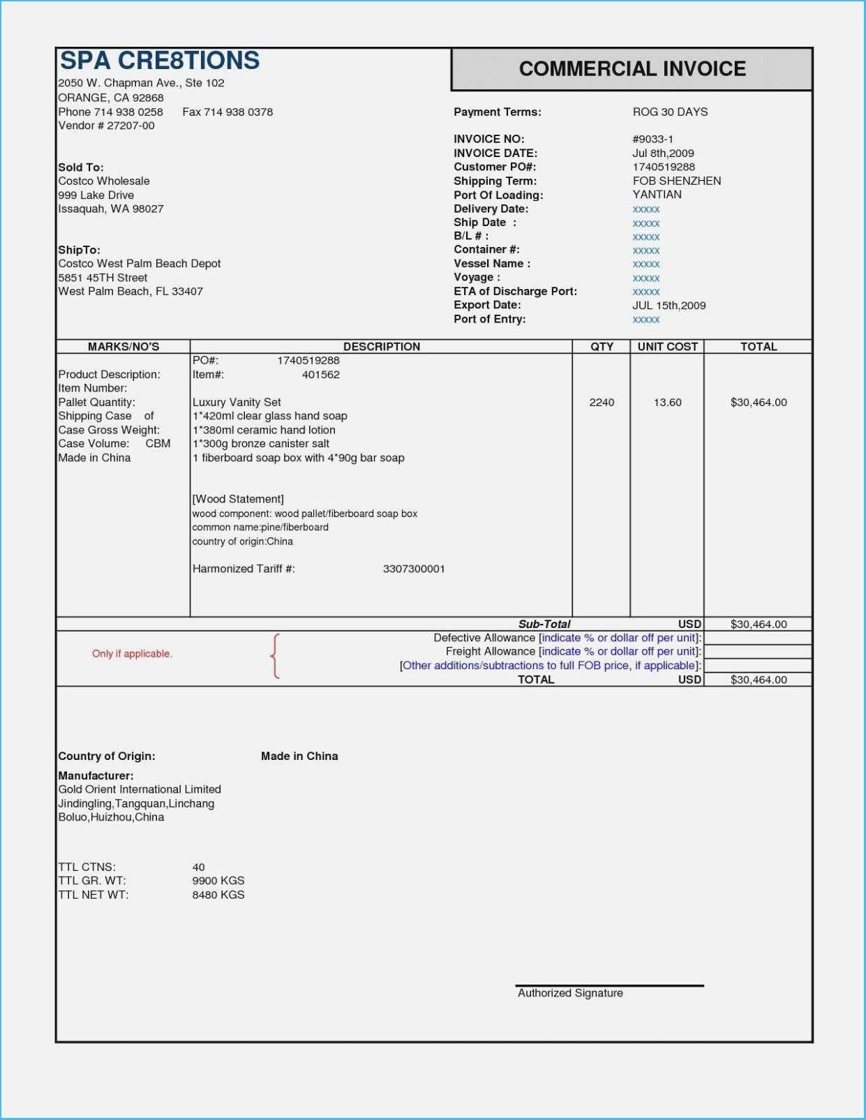 commercial invoice template ups