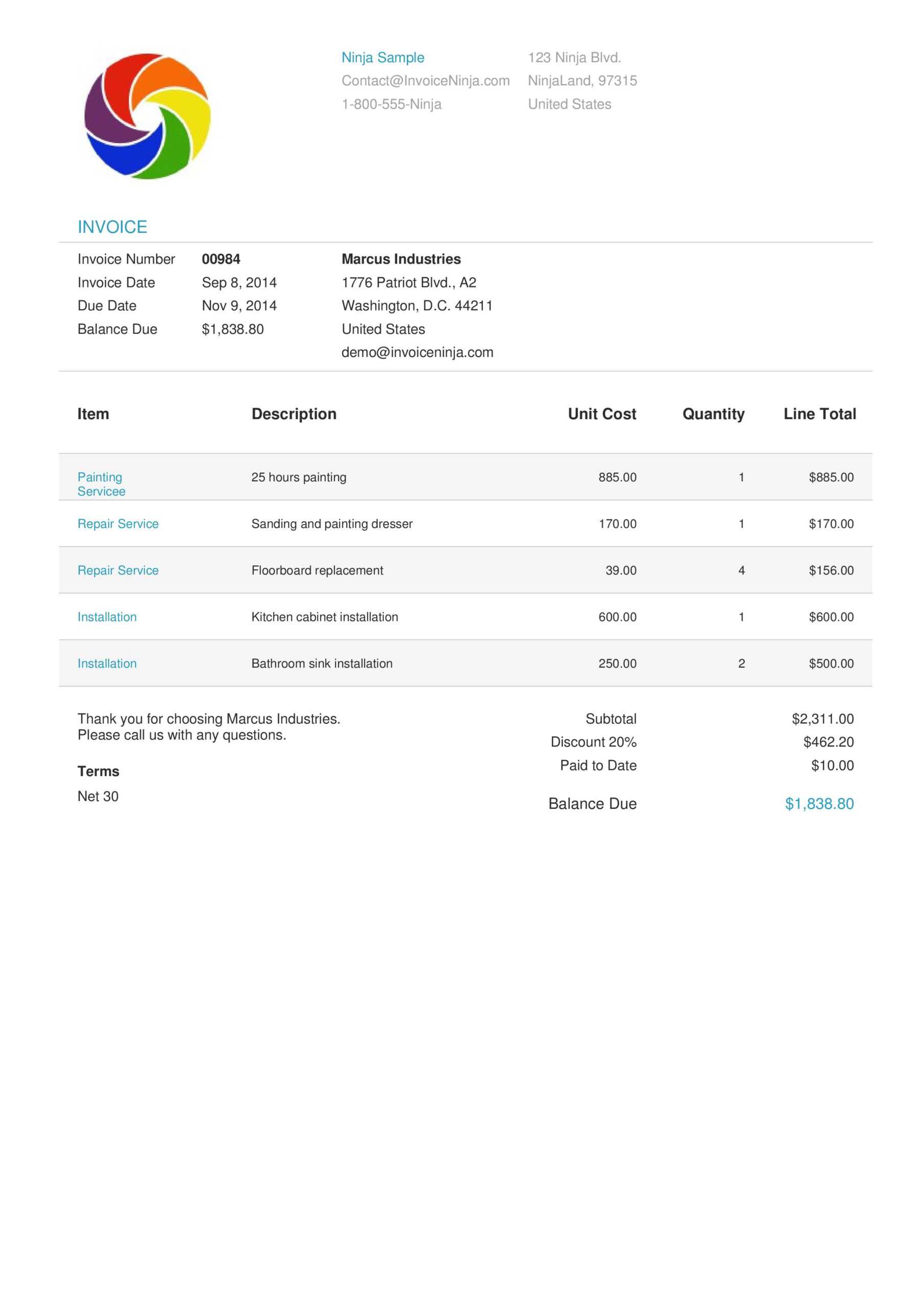 Invoice & Quotation Template Designs | Invoice Ninja Within Free Invoice Template For Android