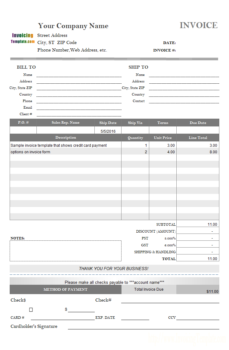 Invoice Template With Credit Card Payment Option Pertaining To Credit Card Bill Template