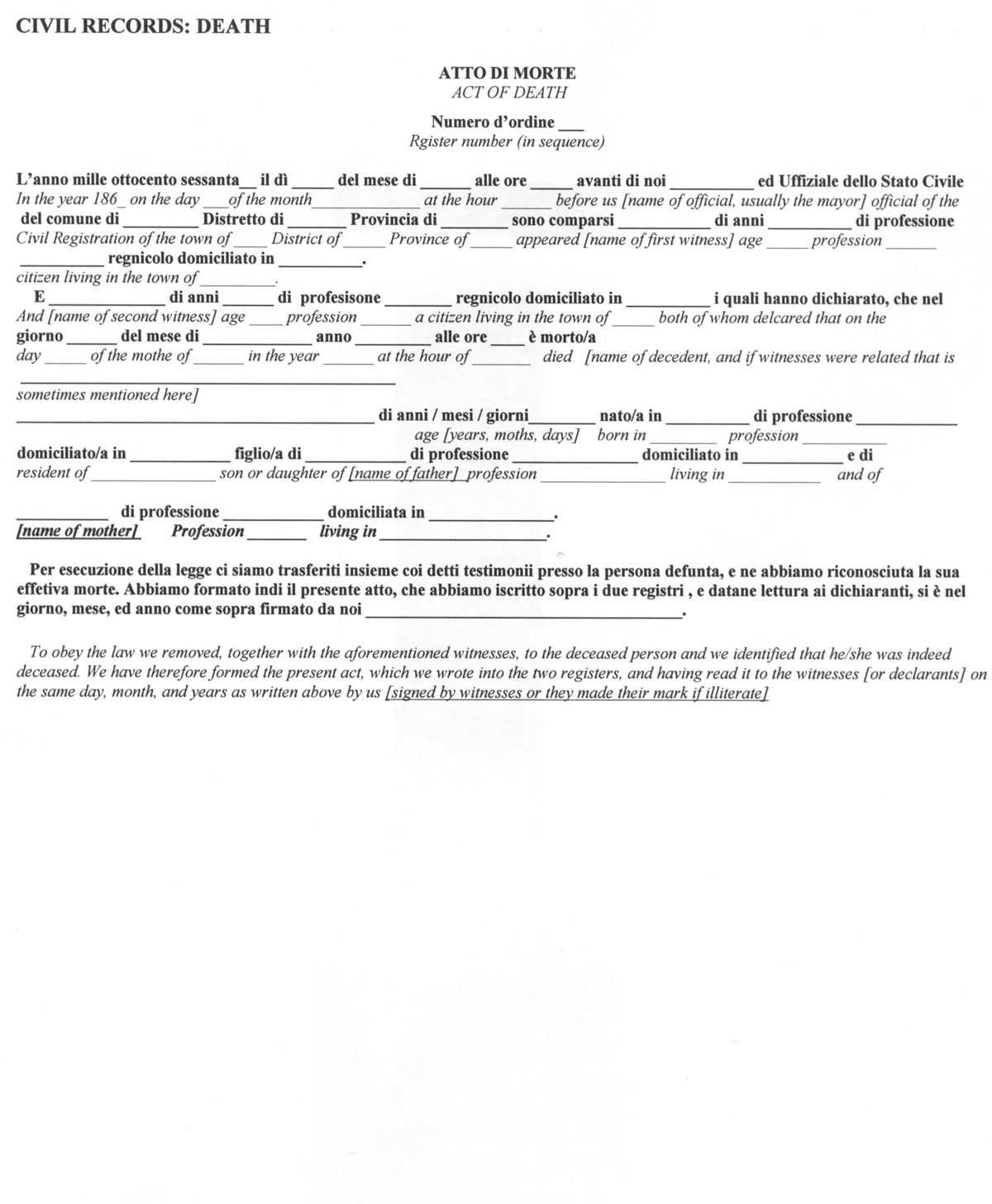 Italian Civil Death Document Translation Genealogy Inside Death Certificate Translation Template