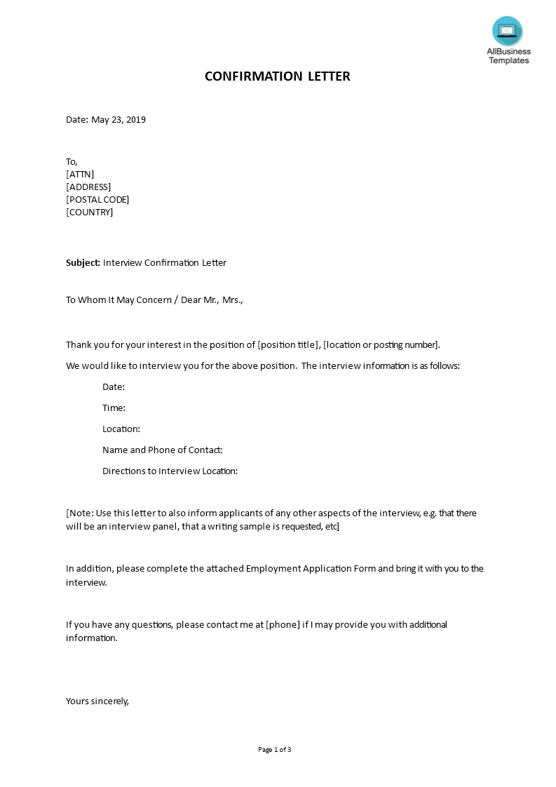 Job Interview Confirmation Letter | Templates At Inside Confirmation Email Template Job Interview