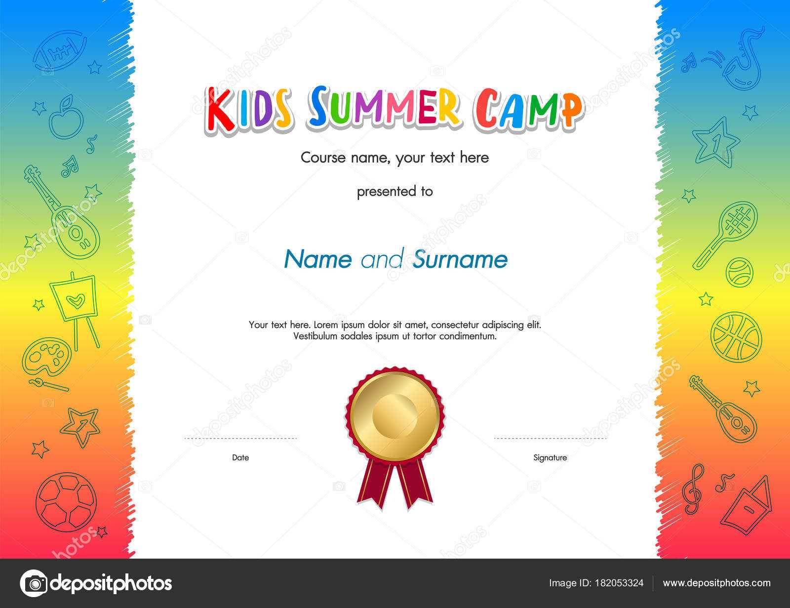 Kids Summer Camp Diploma Or Certificate Template Award Seal Regarding Fun Certificate Templates