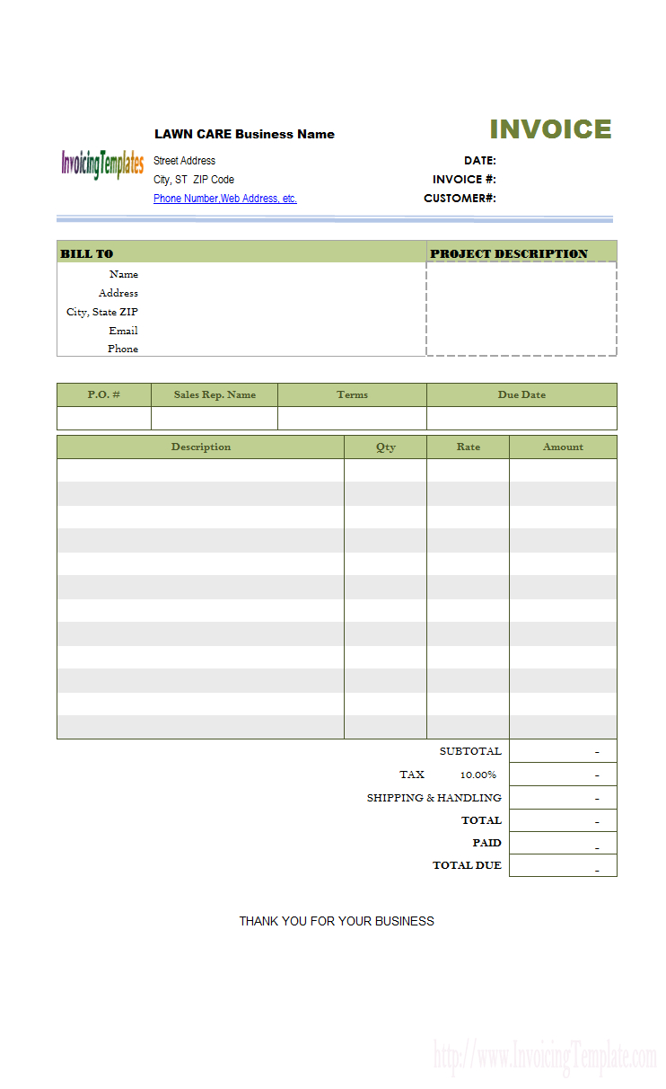Lawn Care Invoice Template With Free Bill Invoice Template Printable