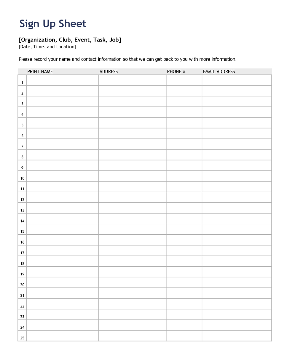 Luncheon Sign Up Sheet Template – Colona.rsd7 For Free Sign Up Sheet Template Word