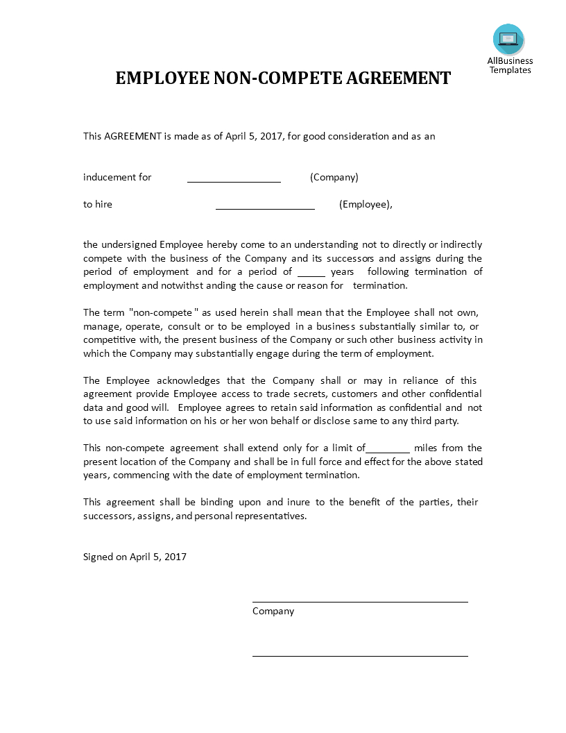 Not Compete Agreement Template | Templates At In Employee Non Compete Agreement Template