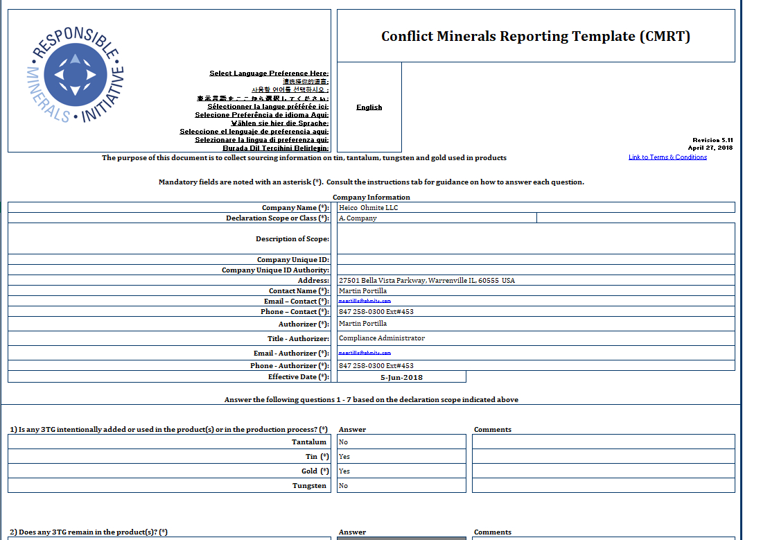 Ohmite – Conflict Minerals Reporting Template (Cmrt) – Rell With Regard To Conflict Minerals Reporting Template