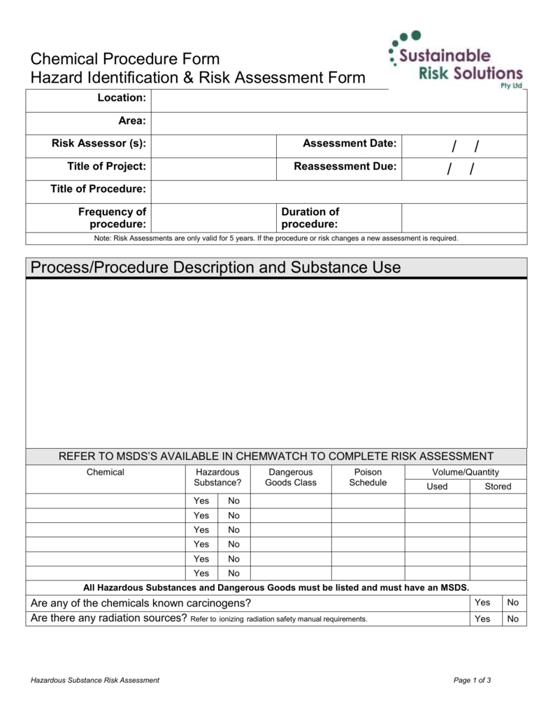 Ohs&w Chemical Risk Assessment Form Pertaining To Dangerous Goods Note Template Word