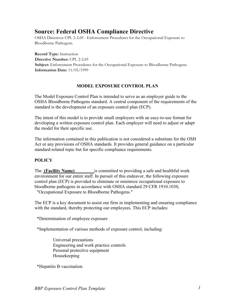 Osha Bbp Exposure Control Plan Template In Exposure Control Plan Template