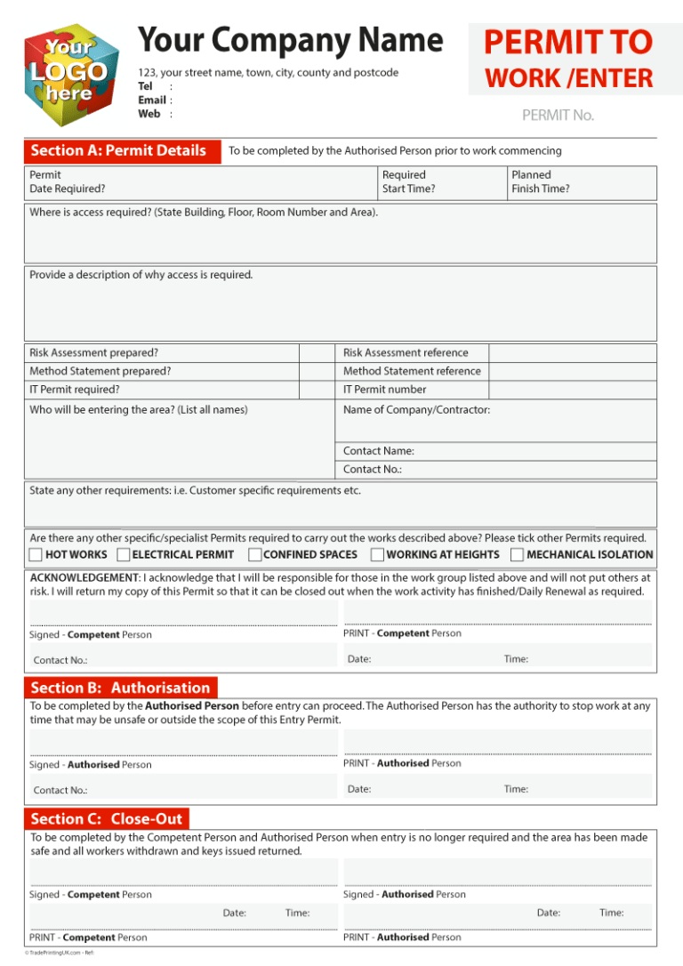 Permit To Work Template Artwork For Carbonless Ncr Print regarding