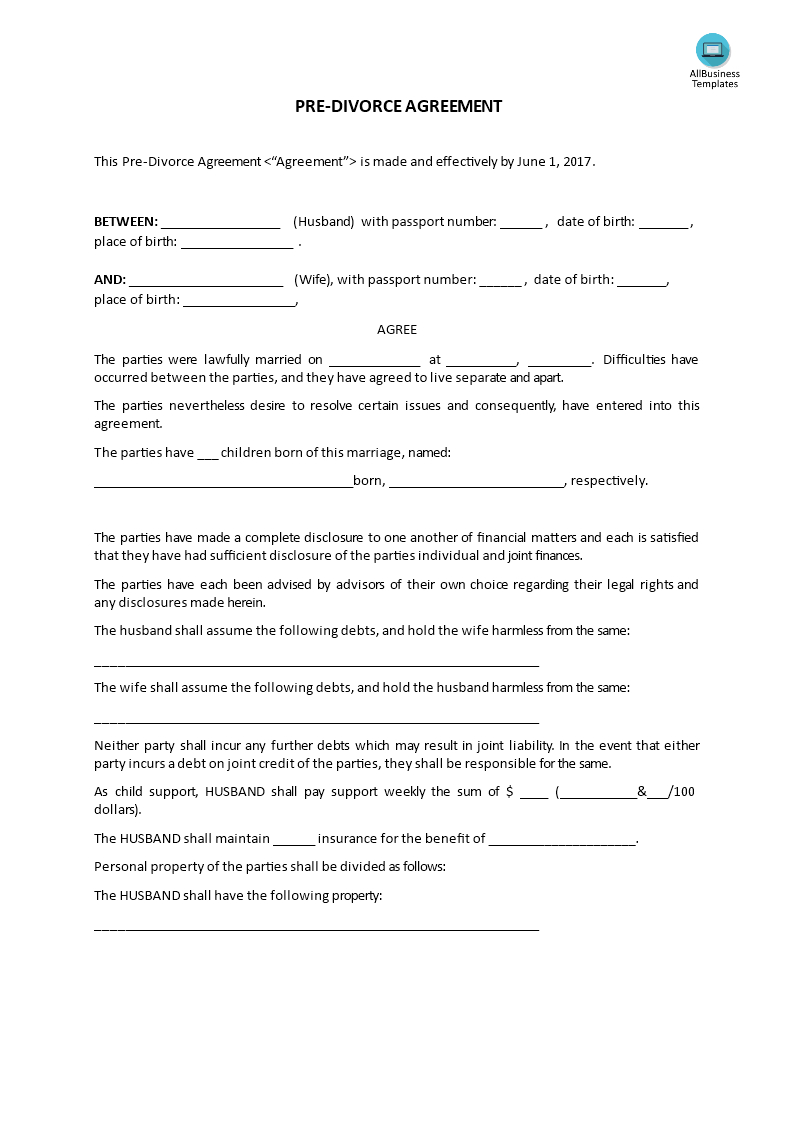Pre Divorce Agreement | Templates At Allbusinesstemplates Throughout Divorce Settlement Agreement Template