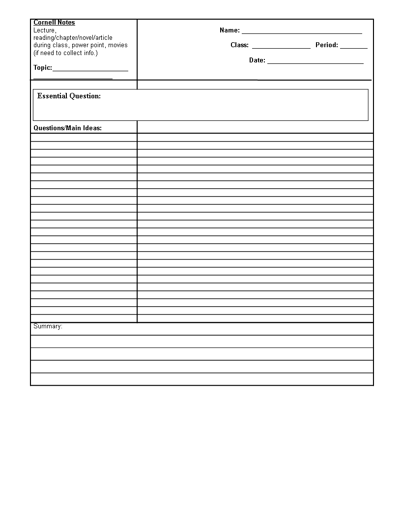 Printable Cornell Notes | Templates At Allbusinesstemplates For Cornell Notes Google Docs Template