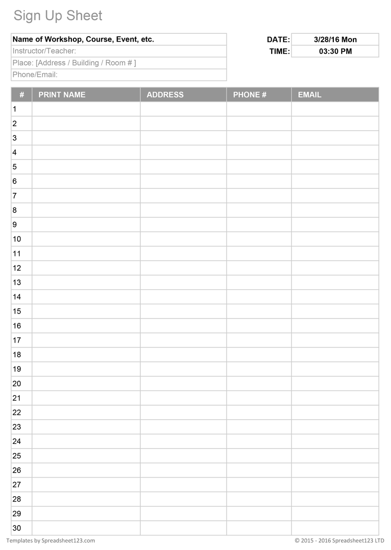 Printable Sign Up Worksheets And Forms For Excel, Word And For Event Sign In Sheet Template