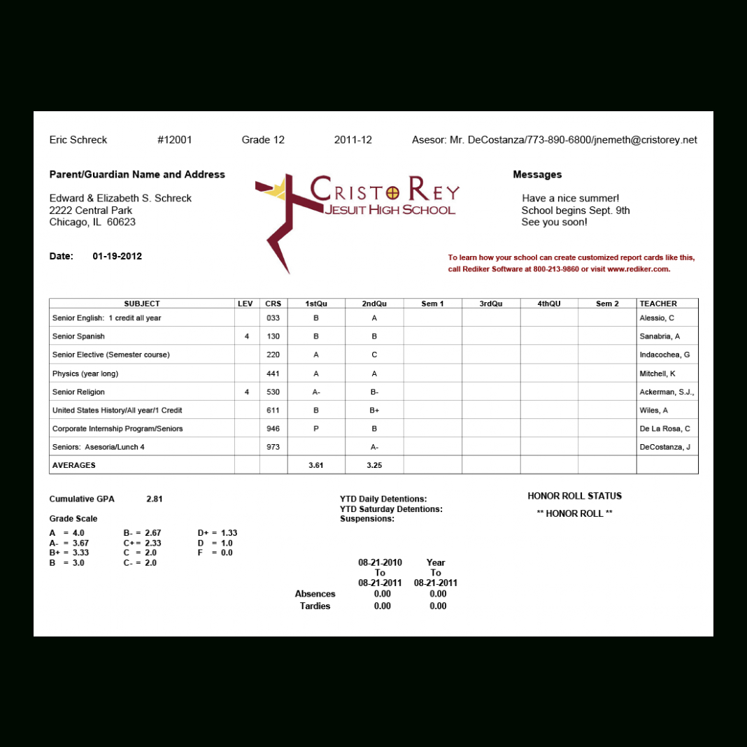 Report Card Template College Cristo Rey High School 4Web In Fake College Report Card Template