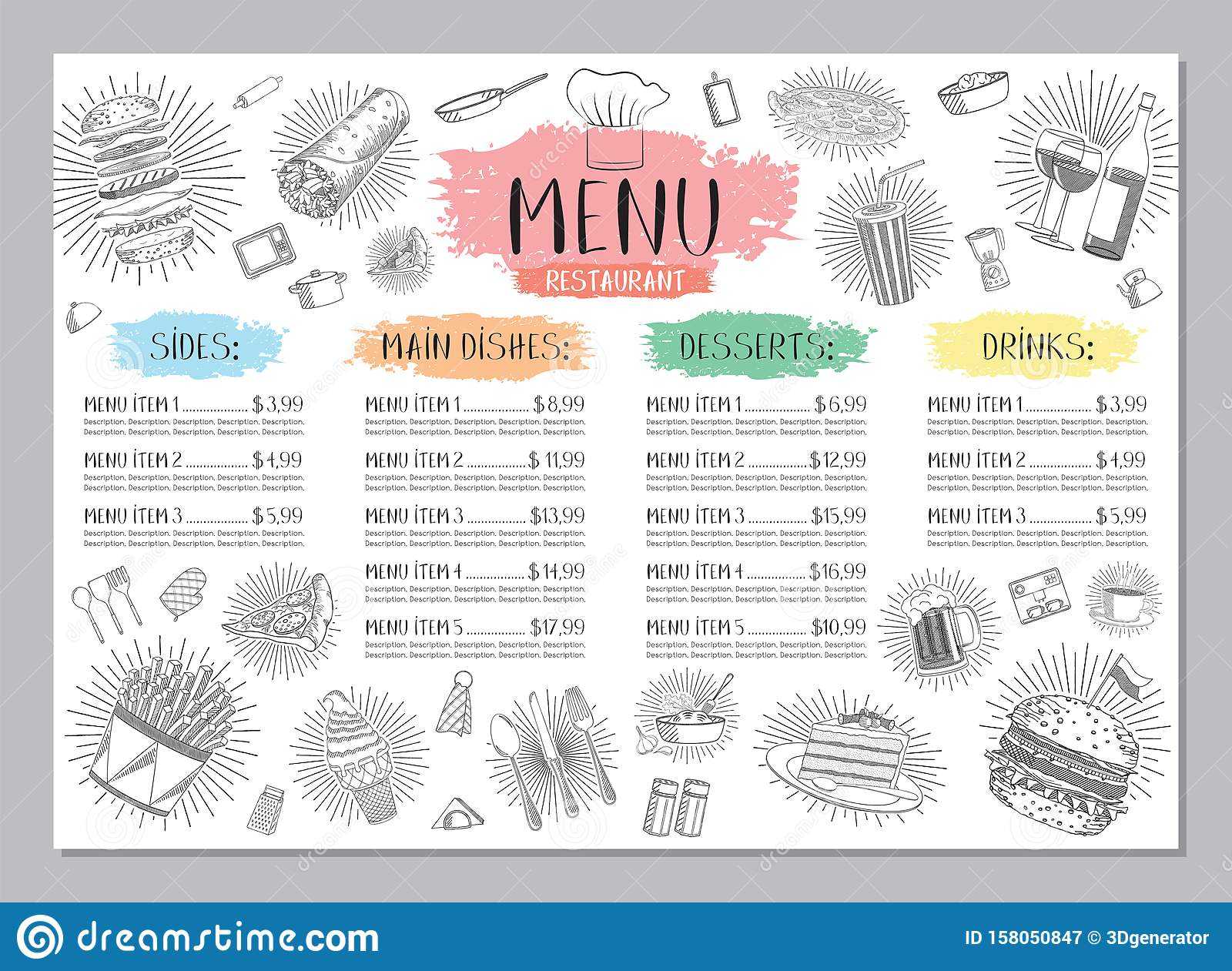 Restaurant Menu Template – A4 Card Stock Illustration Intended For French Cafe Menu Template