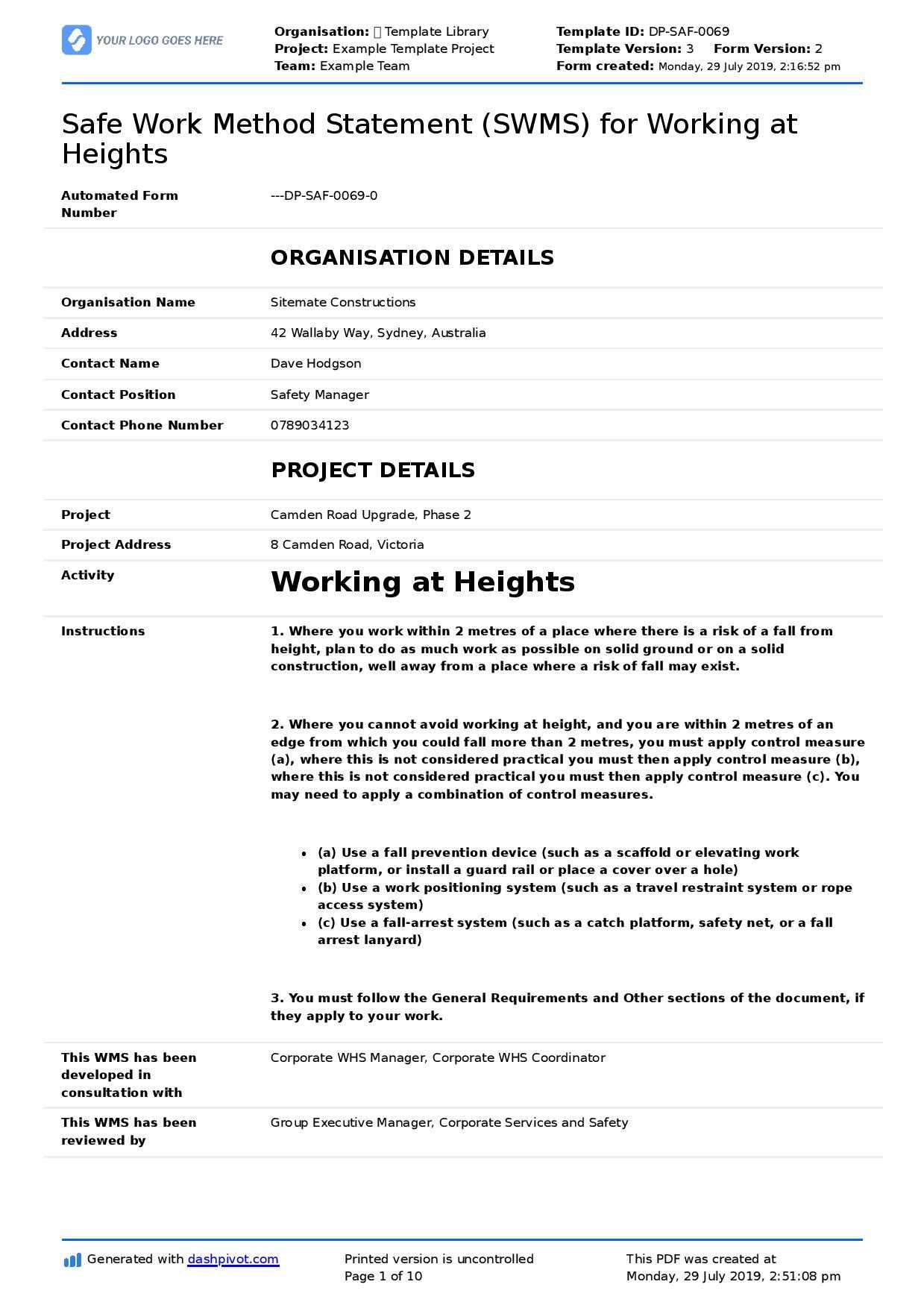 Safe Work Method Statement Working At Heights Template (Use Inside Fall Protection Plan Template