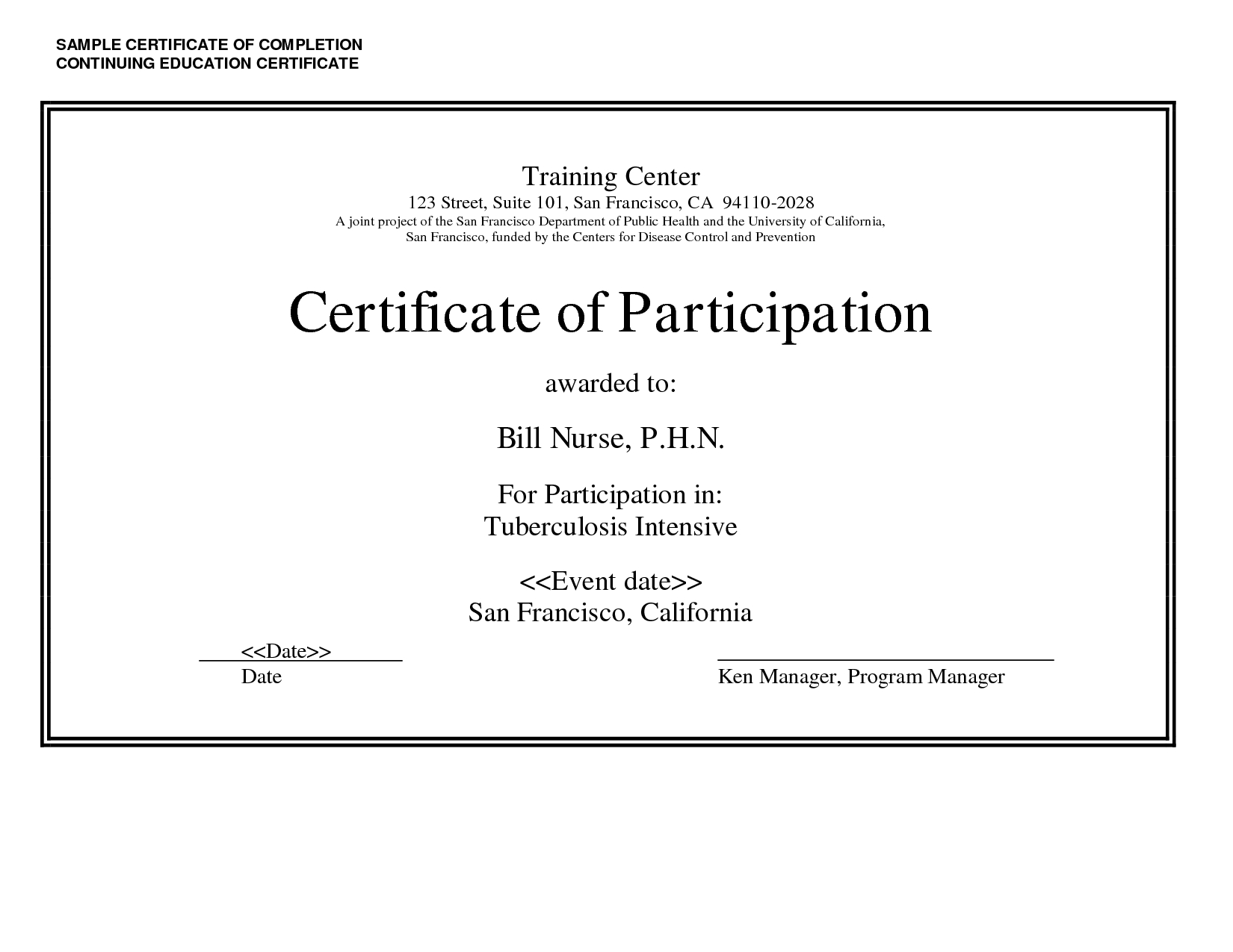 Sample Certificate Of Completion Continuing Education Throughout Continuing Education Certificate Template