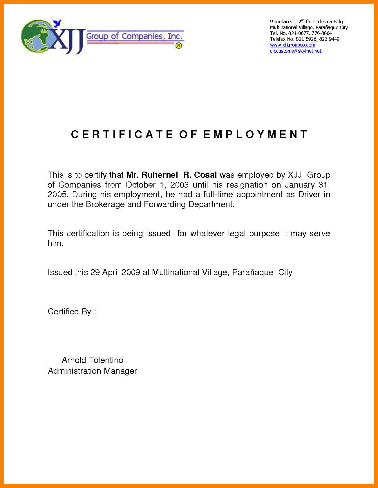 Sample For Certificate Of Employment - Tunu.redmini.co Regarding Employee Certificate Of Service Template